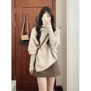 KANING's relaxed style irregular turtleneck pullover sweater for women